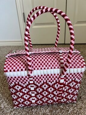 Mexican Woven Red and White Handheld Basket Bag
